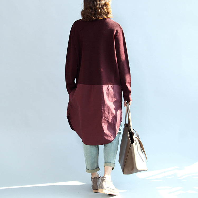 2025 fall burgundy patchwork hem cotton sweater dresses plus size casual knit shirts dress