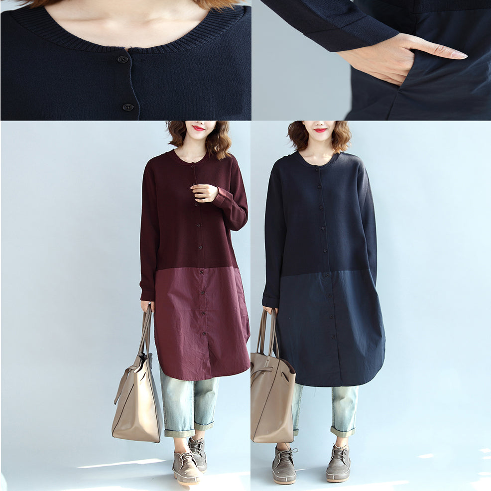 2025 fall burgundy patchwork hem cotton sweater dresses plus size casual knit shirts dress