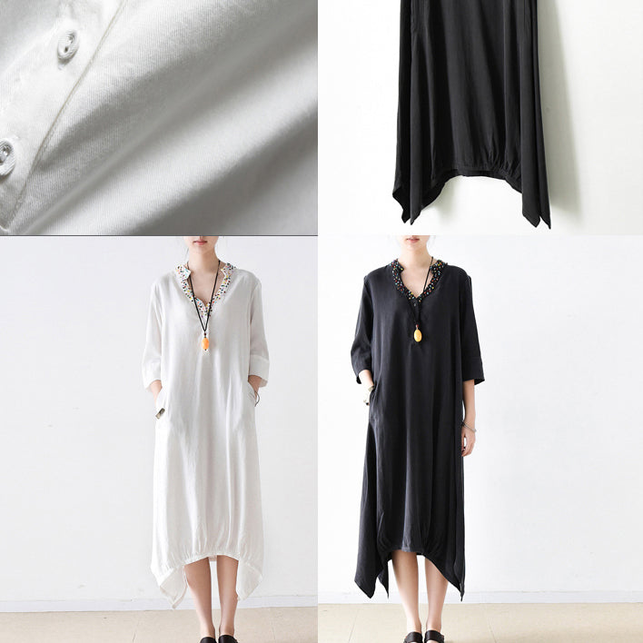 2025 fall cotton dresses V neck plus size white dresses beads details black cotton dresses