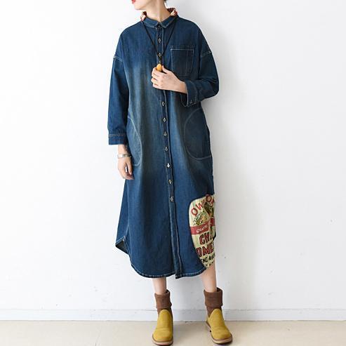 2025 fall denim dresses plus size long patchwork denim shirt dress casual style