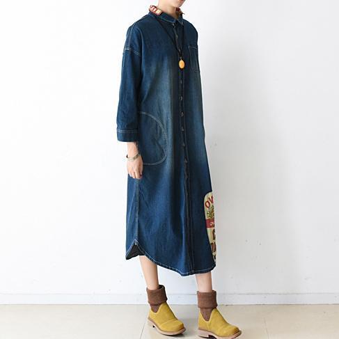 2025 fall denim dresses plus size long patchwork denim shirt dress casual style