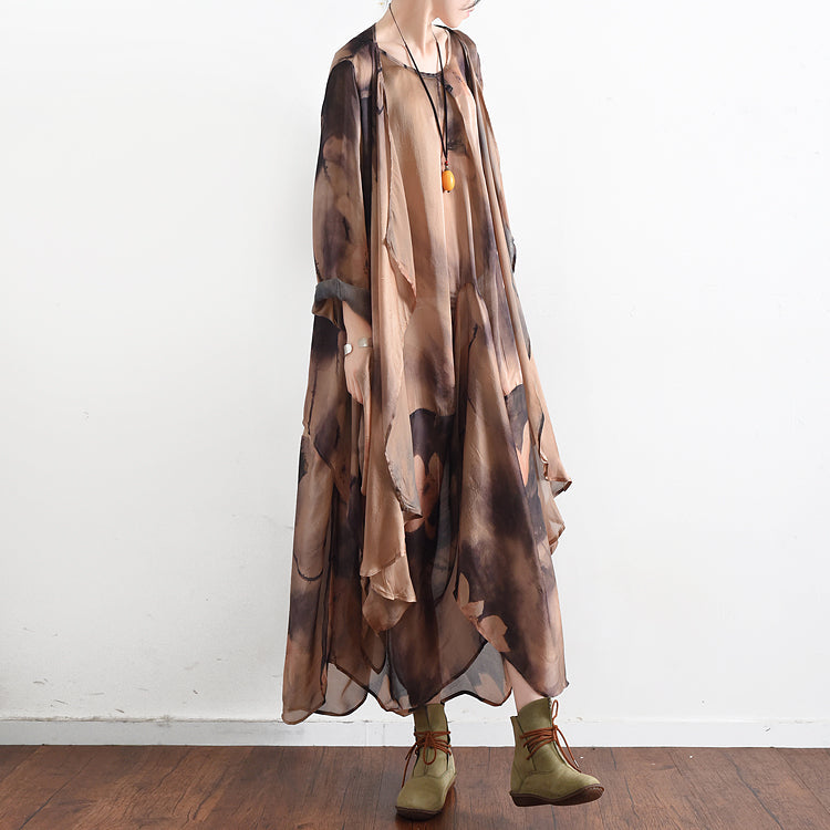 2025 fall khaki print silk dresses flowy baggy caftans two pieces