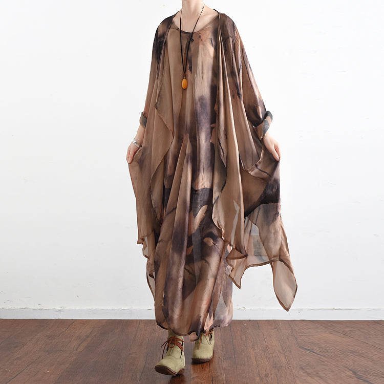 2025 fall khaki print silk dresses flowy baggy caftans two pieces