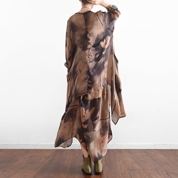 2025 fall khaki print silk dresses flowy baggy caftans two pieces