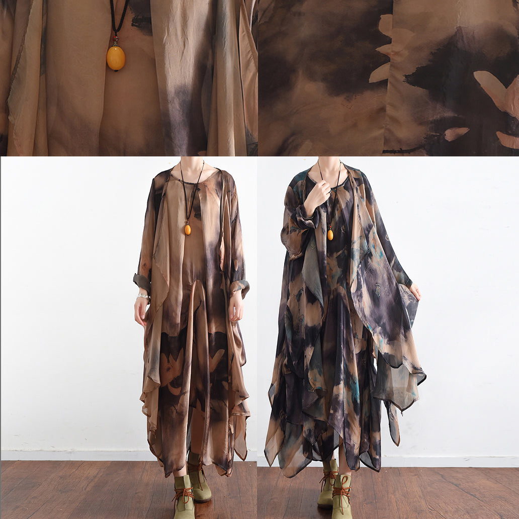 2025 fall khaki print silk dresses flowy baggy caftans two pieces