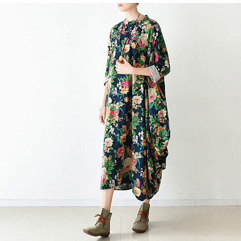 2025 fall navy baggy floral linen dresses oversized caftans long cotton dress