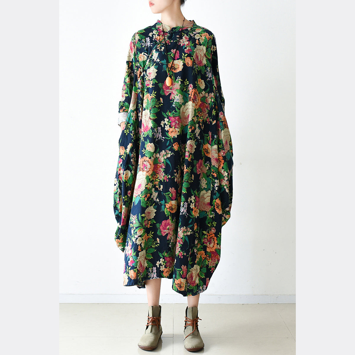 2025 fall navy baggy floral linen dresses oversized caftans long cotton dress