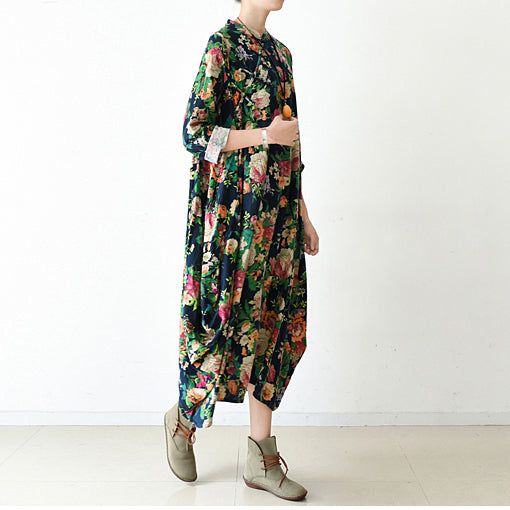 2025 fall navy baggy floral linen dresses oversized caftans long cotton dress