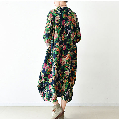 2025 fall navy baggy floral linen dresses oversized caftans long cotton dress