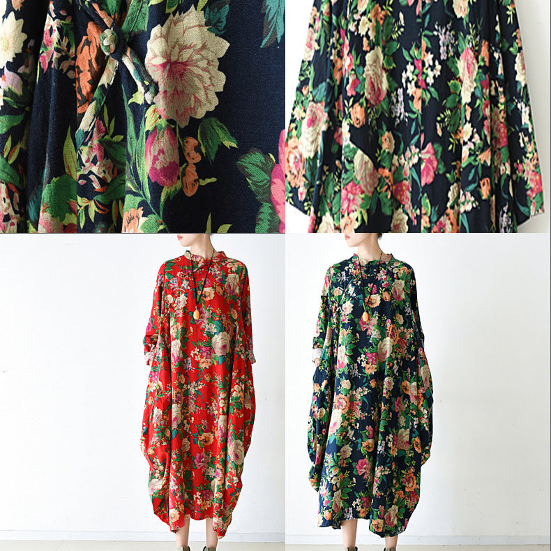 2025 fall navy baggy floral linen dresses oversized caftans long cotton dress