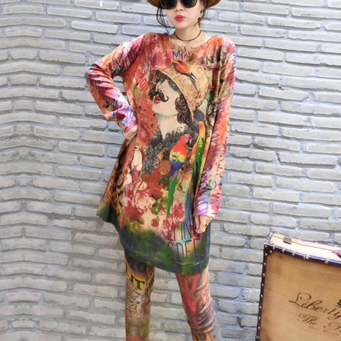 2025 fall prints casual women knit blouse oversize fashion o neck mid long sweater