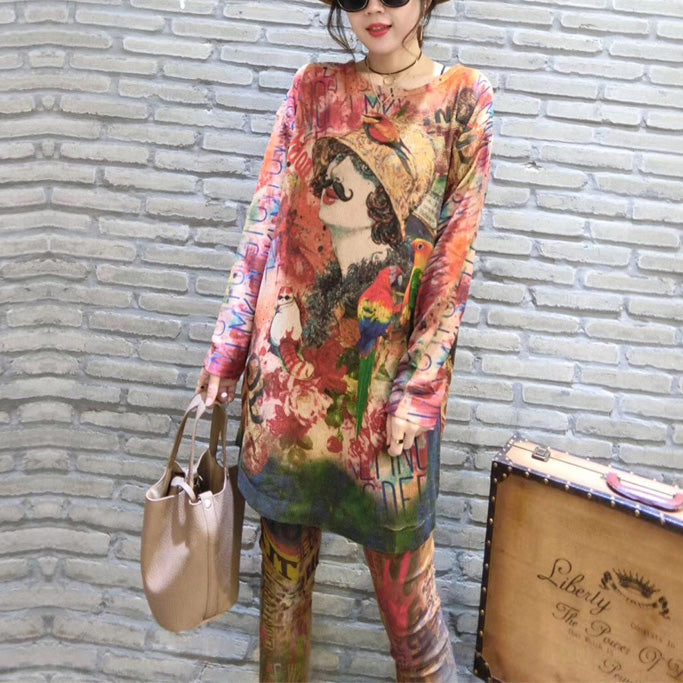 2025 fall prints casual women knit blouse oversize fashion o neck mid long sweater