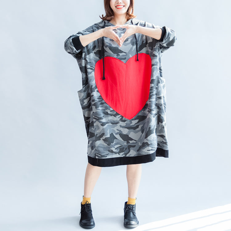 2025 fall prints ruffles black cotton shift dresses hooded oversize casual dress patchwork loving heart