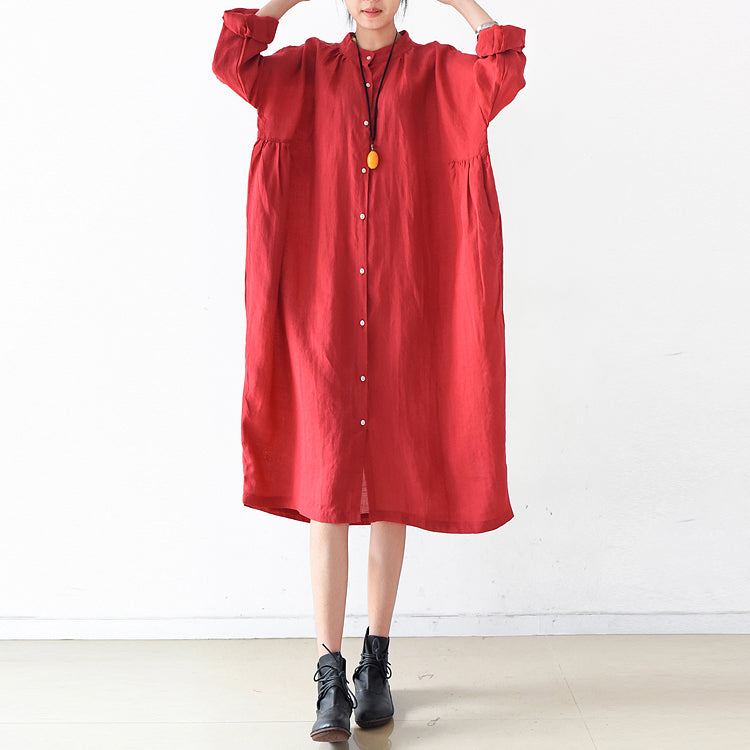 2025 fall red linen dresses plus size casual shirt dress oversize linen clothing