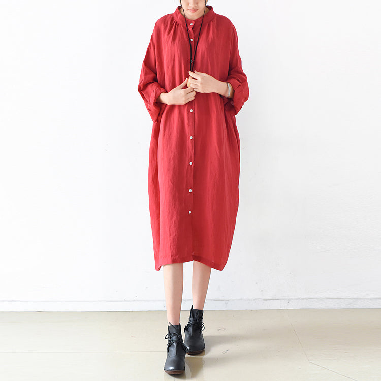 2025 fall red linen dresses plus size casual shirt dress oversize linen clothing