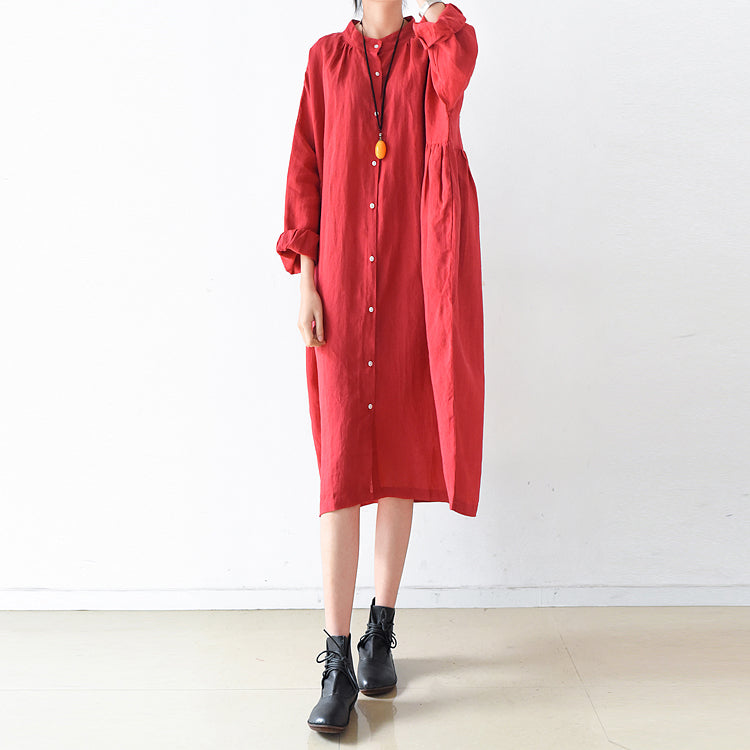 2025 fall red linen dresses plus size casual shirt dress oversize linen clothing