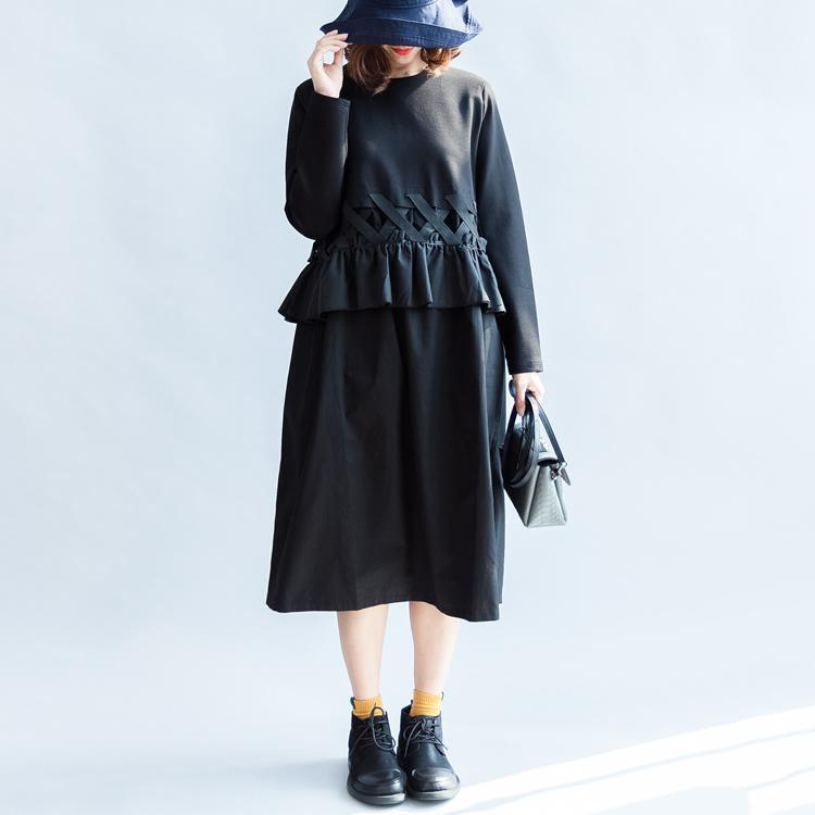 2025 fall vintage black cotton dresses baggy loose ruffles long sleeve casual dress