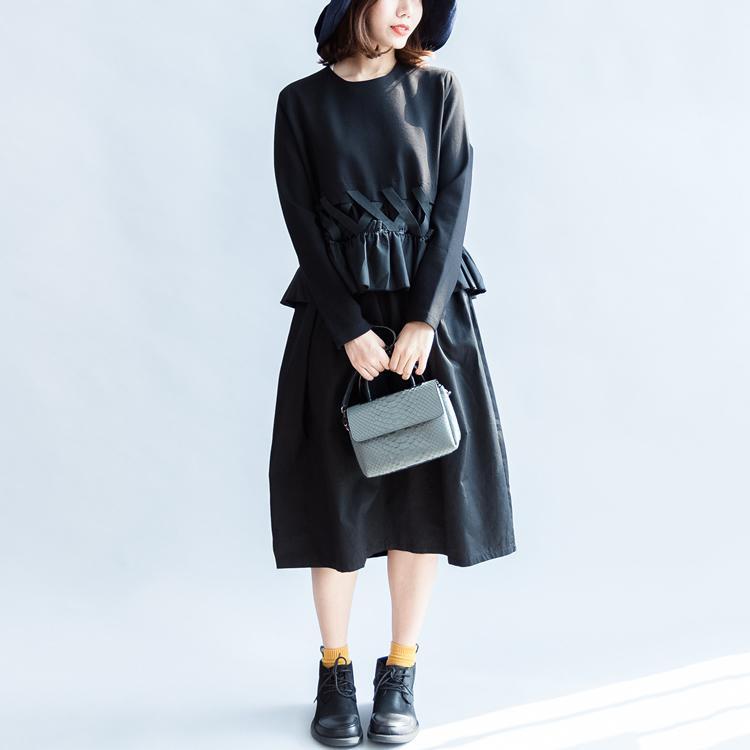 2025 fall vintage black cotton dresses baggy loose ruffles long sleeve casual dress