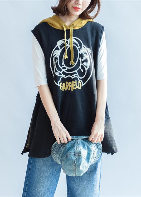 2025 fashion black cartoon print cotton sleeveless pullover oversize hooded thick Vests