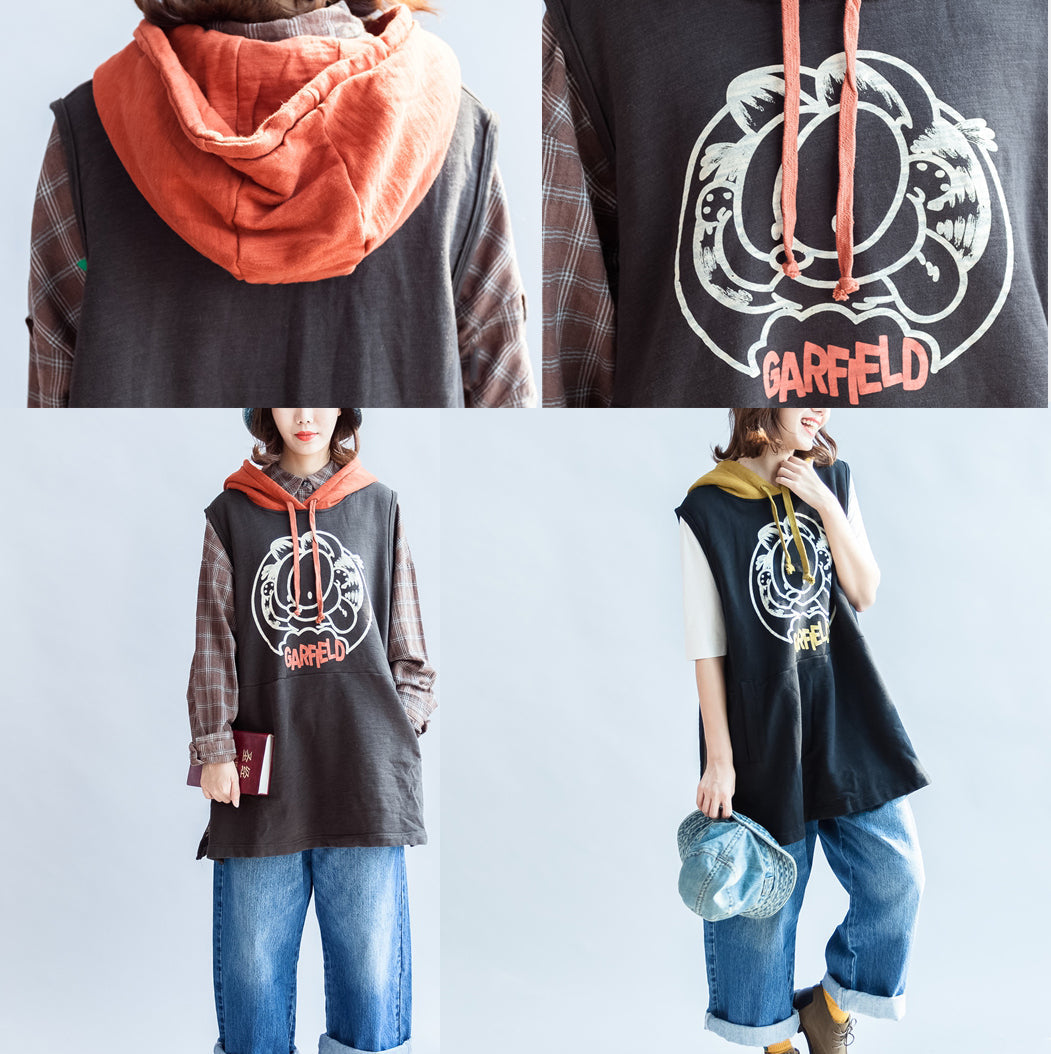 2025 fashion black cartoon print cotton sleeveless pullover oversize hooded thick Vests