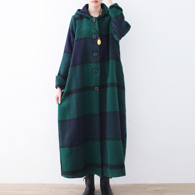 2025 green woolen coat casual trench coat plaid long coats hooded