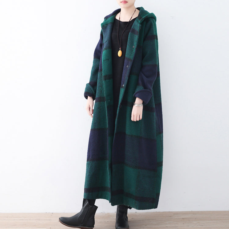 2025 green woolen coat casual trench coat plaid long coats hooded