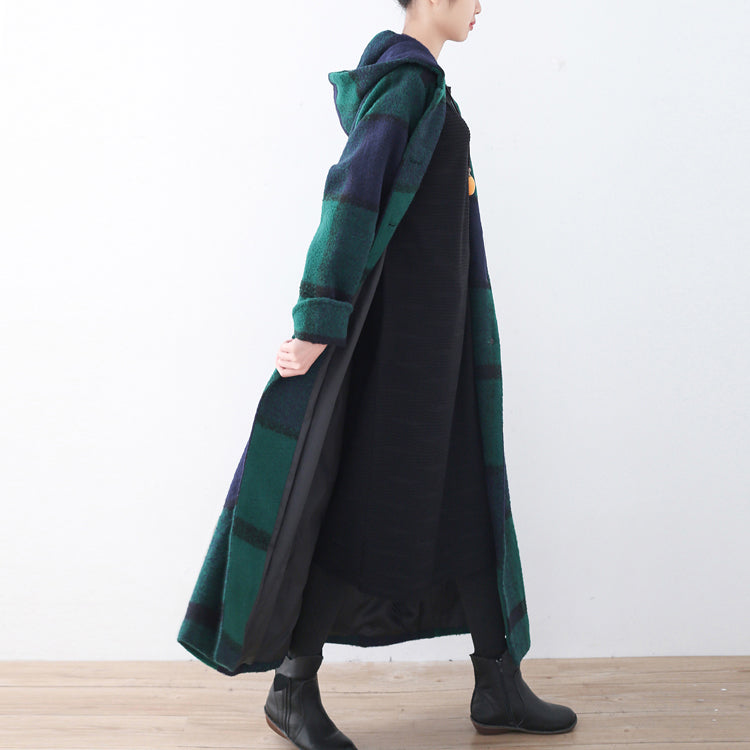 2025 green woolen coat casual trench coat plaid long coats hooded