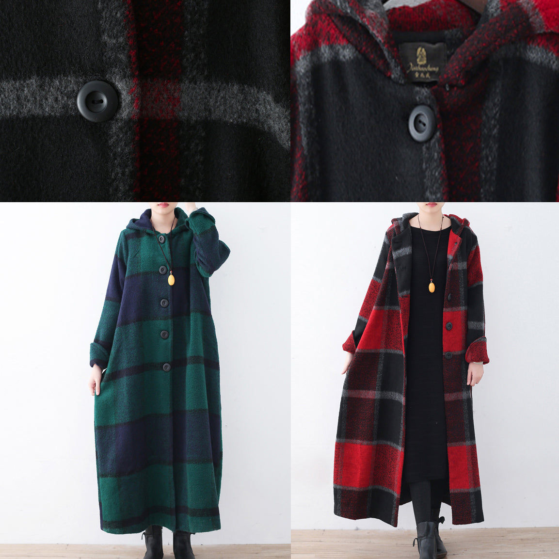 2025 green woolen coat casual trench coat plaid long coats hooded