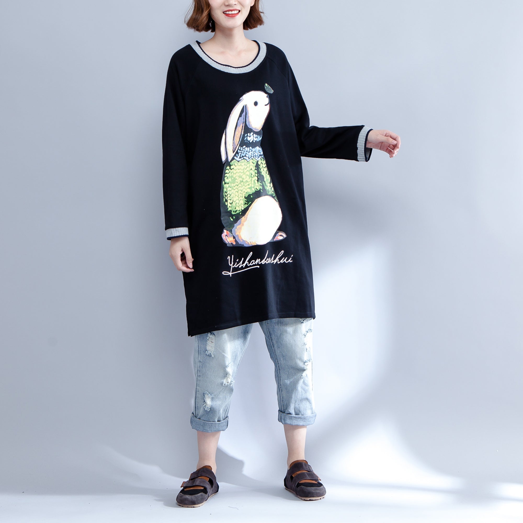 2025 new black cotton dresses baggy fit o neck casual dresses animal prints