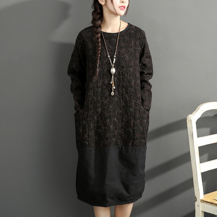 2025 new black prints cotton dresses oversize long sleeve thick warm women dress