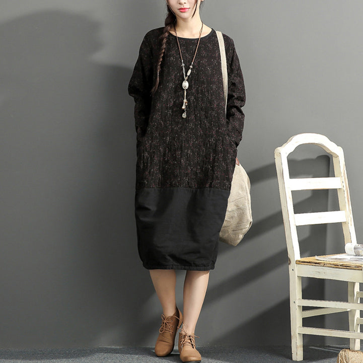 2025 new black prints cotton dresses oversize long sleeve thick warm women dress