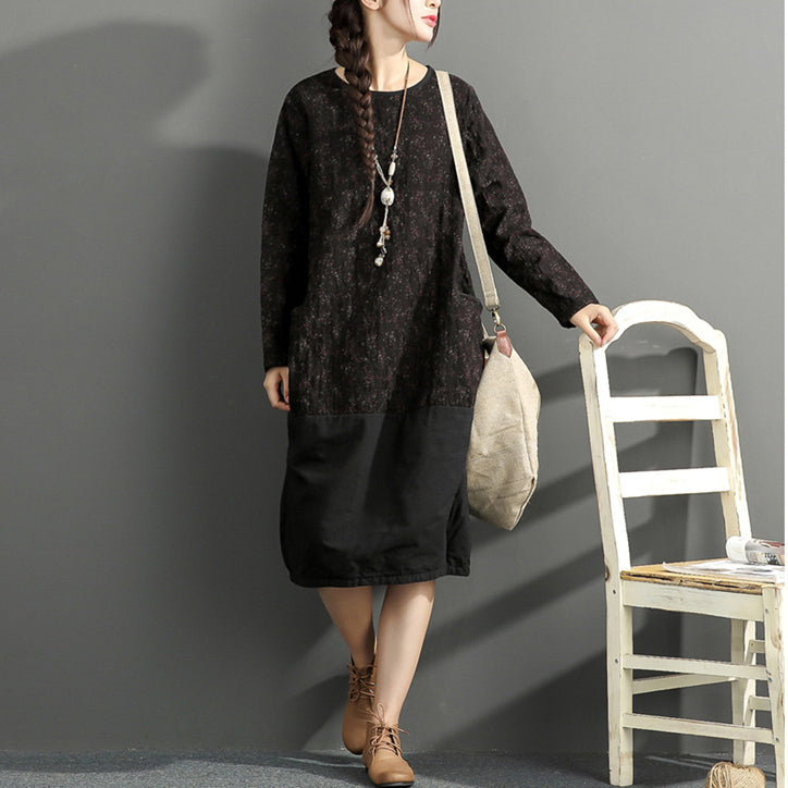 2025 new black prints cotton dresses oversize long sleeve thick warm women dress