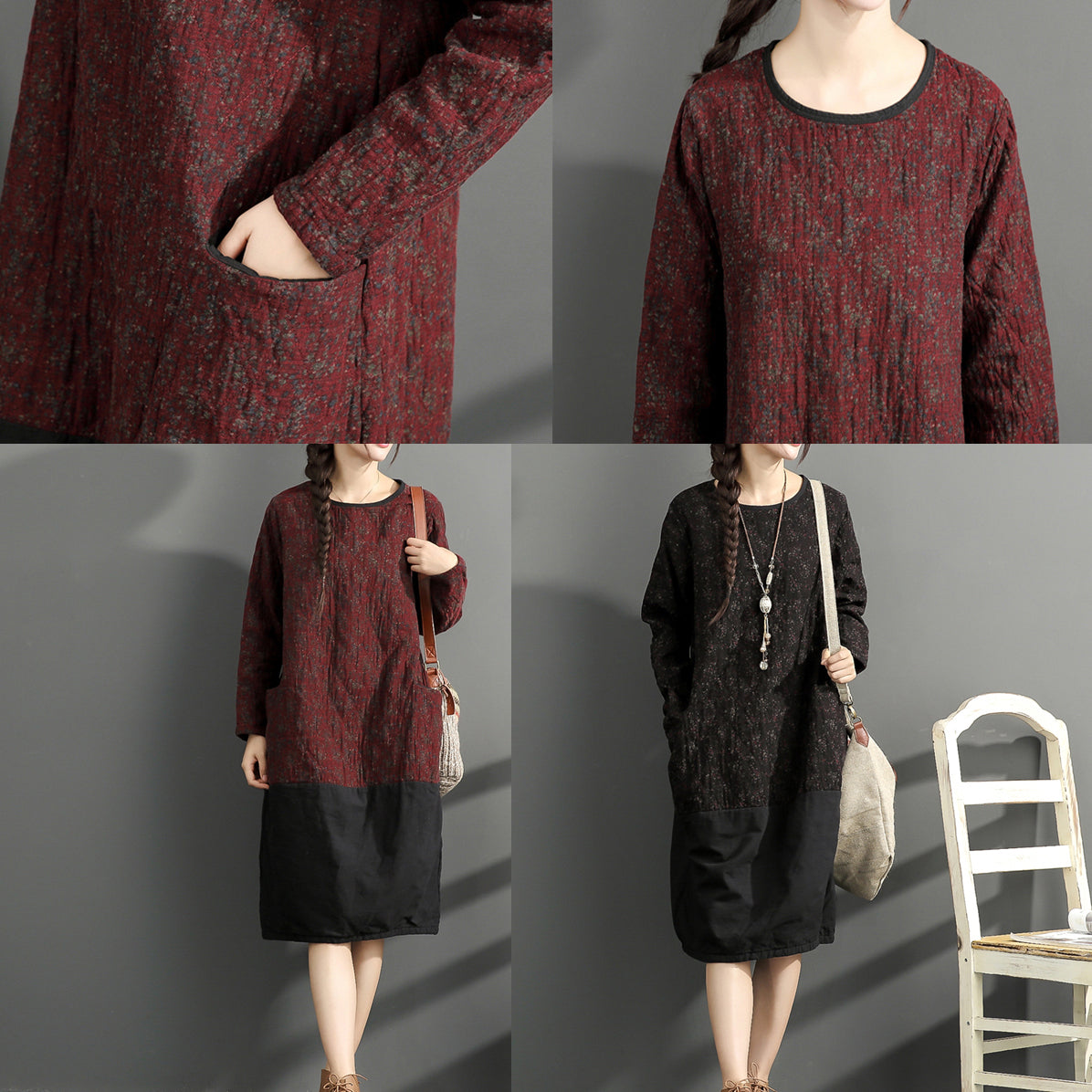 2025 new black prints cotton dresses oversize long sleeve thick warm women dress