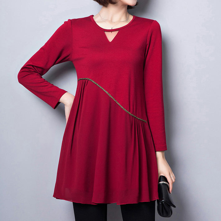 2025 new red cotton blended dresses loose  fit v neck patchwork chiffon dress