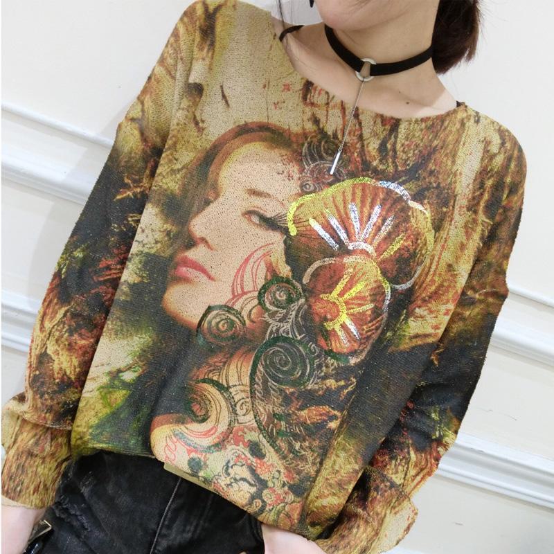 2025 plus size casual  fit sweater t shirts fashion belle prints long sleeve knit pullover