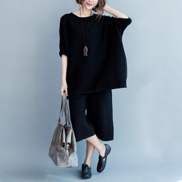 2025 stylish black cotton thin sweaters and casual wide leg pants knit two pieces