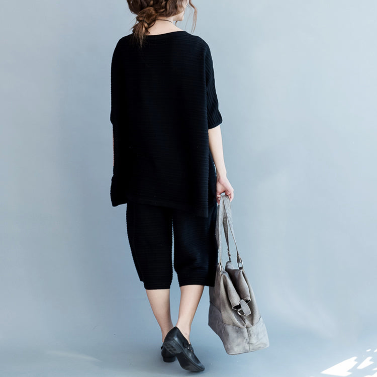 2025 stylish black cotton thin sweaters and casual wide leg pants knit two pieces