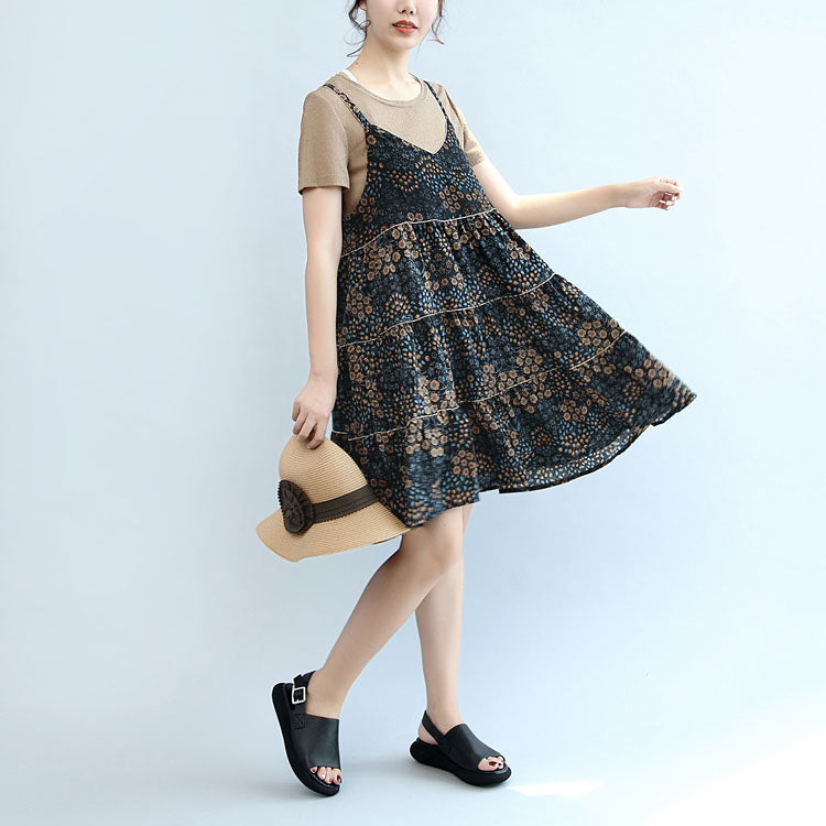 2025 summer brown casual t shirt and floral stylish sleeveless linen dresses two pieces