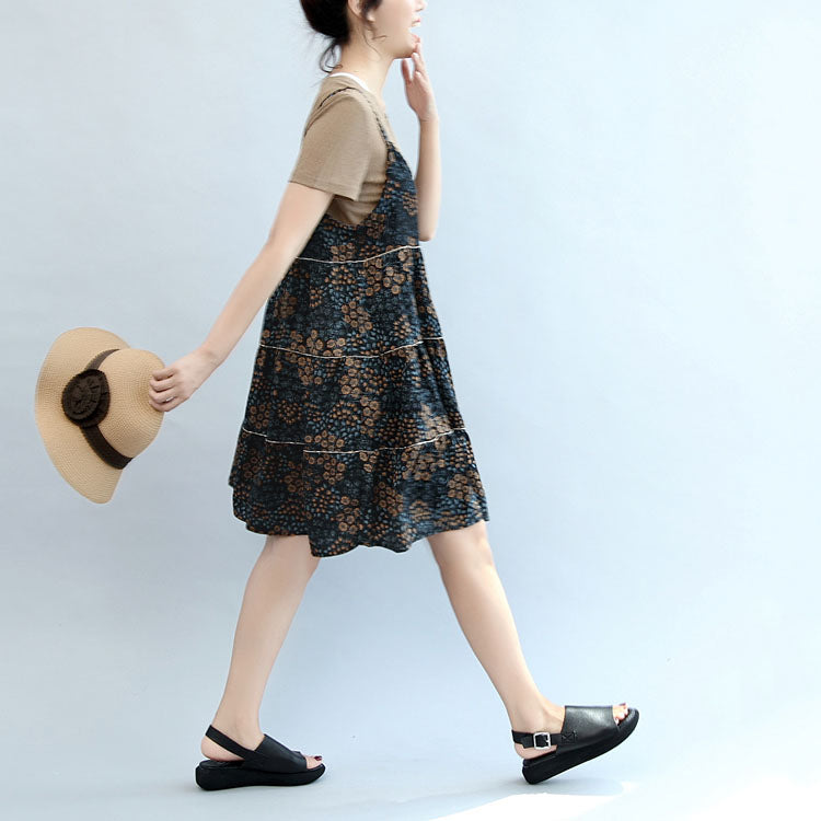 2025 summer brown casual t shirt and floral stylish sleeveless linen dresses two pieces