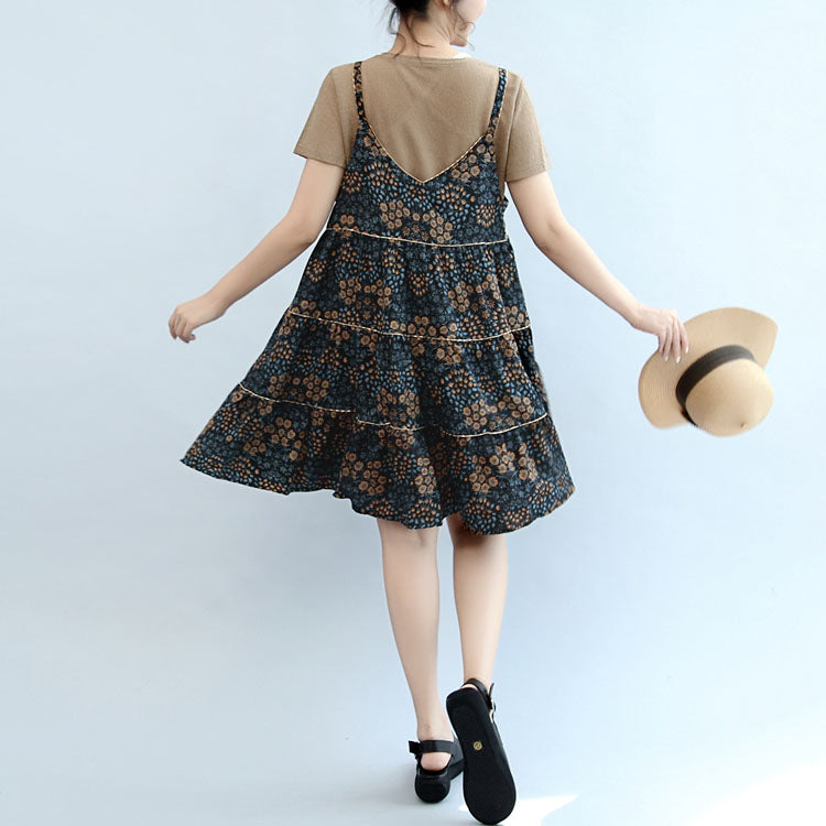 2025 summer brown casual t shirt and floral stylish sleeveless linen dresses two pieces