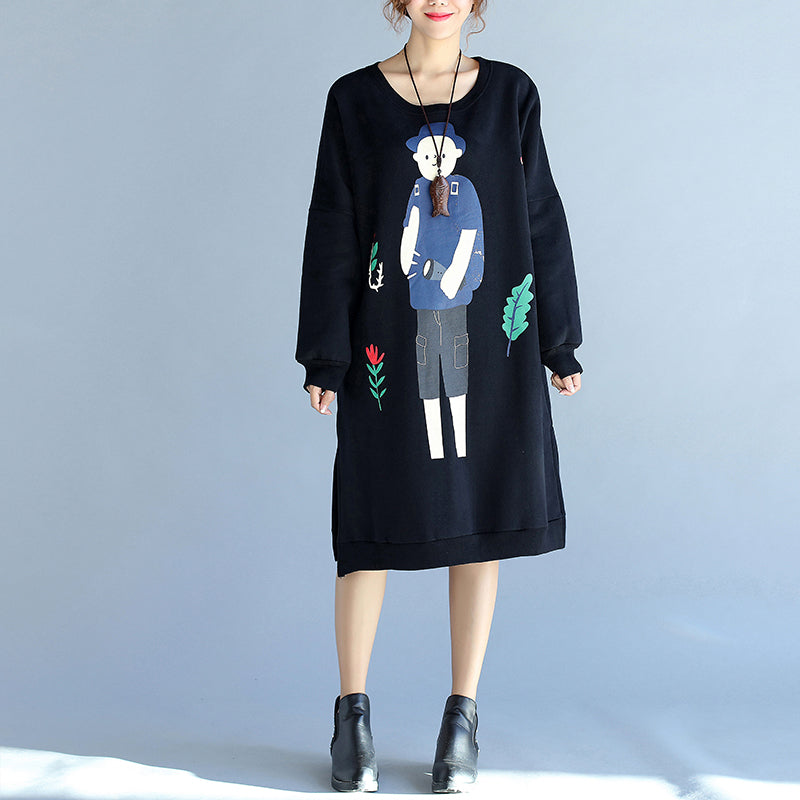 2025 winter black thick cotton dresses plus size prints long sleeve side open  casual shift dress