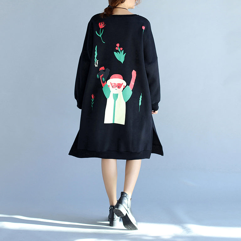 2025 winter black thick cotton dresses plus size prints long sleeve side open  casual shift dress