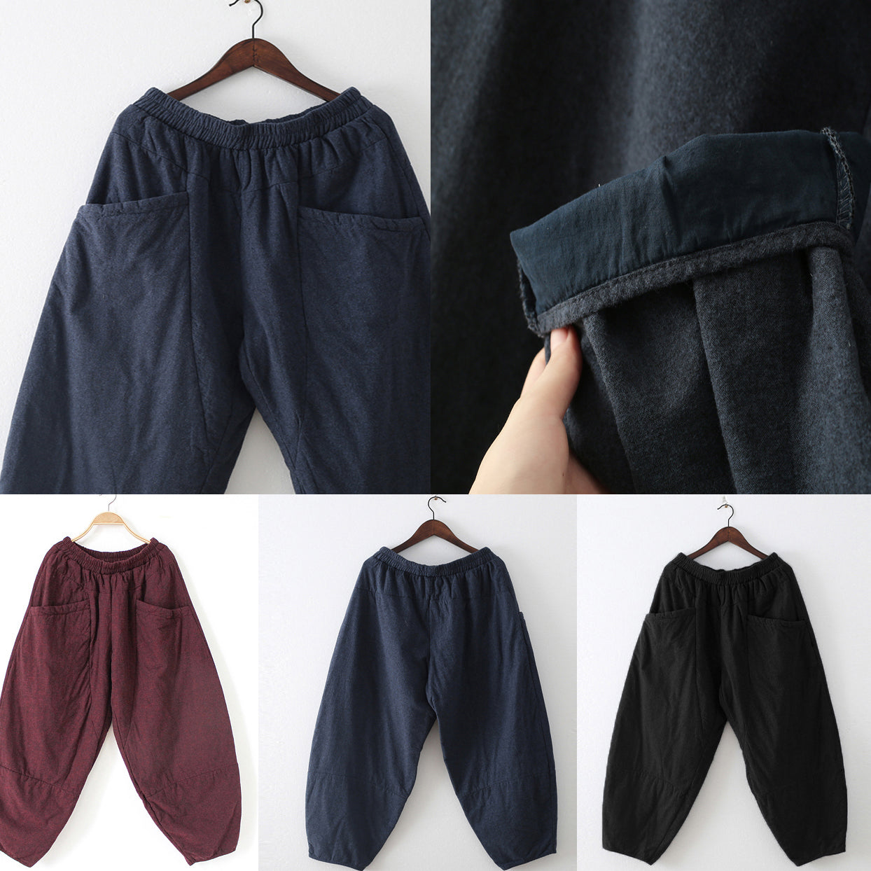 2025 winter dark blue cotton pants warm thick oversized linen pants casual cozy style