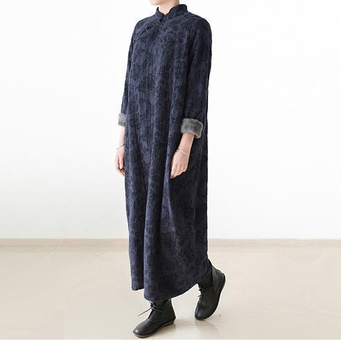 2025 winter linen dresses warm velour inside Jacquard long caftans winter dresses in navy