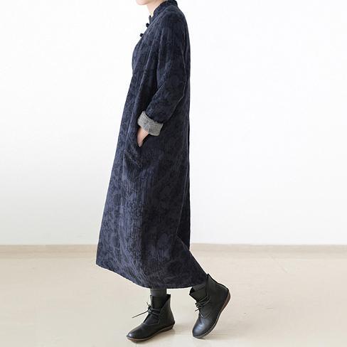 2025 winter linen dresses warm velour inside Jacquard long caftans winter dresses in navy