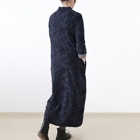 2025 winter linen dresses warm velour inside Jacquard long caftans winter dresses in navy