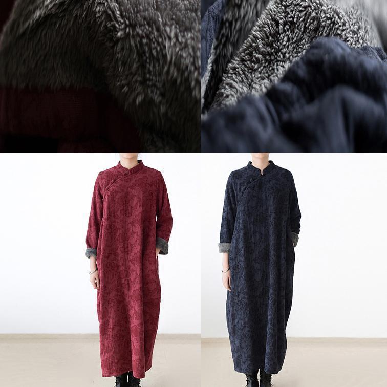 2025 winter linen dresses warm velour inside Jacquard long caftans winter dresses in navy