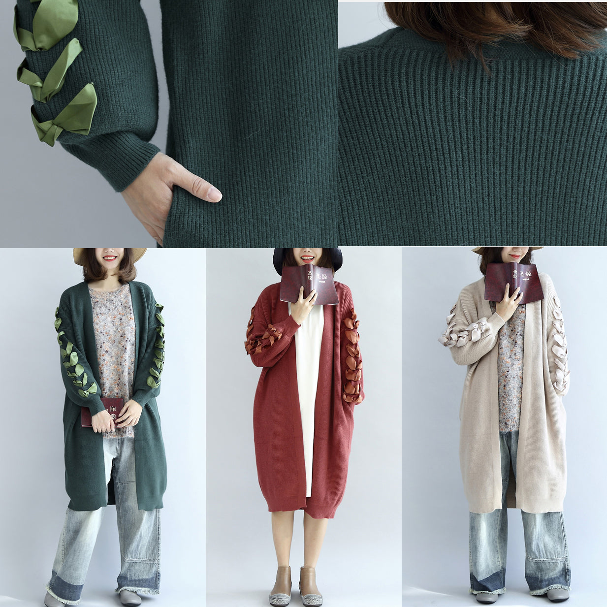 2025 winter nude long knit coats cardigans sweater outwear ribbon details