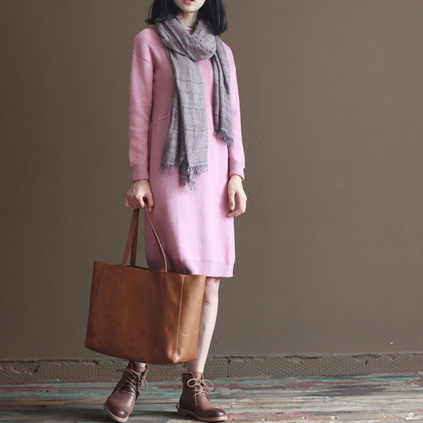 2025 winter pink rabbit woolen blended sweater dresses loose vintage knit dress