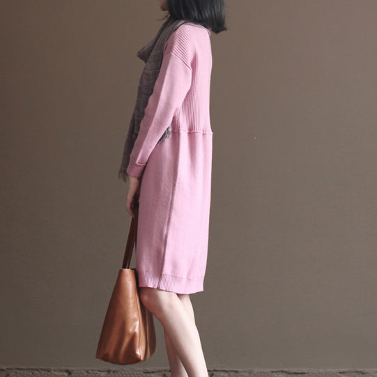 2025 winter pink rabbit woolen blended sweater dresses loose vintage knit dress